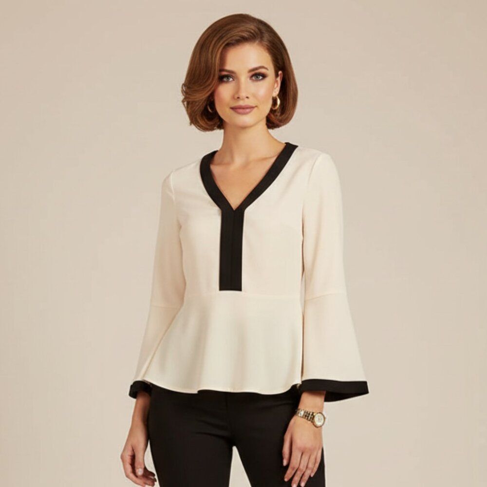 NWT Etro V-Neck Bell Long Sleeve Top Blouse Ivory & Black size 40 US Small